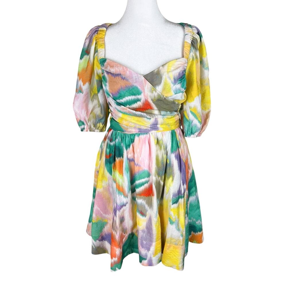 Anthropologie Swingy Rainbow Tie Dye Puff Sleeve Smocked Flirty Mini Dress Sz XS - Picture 3 of 9